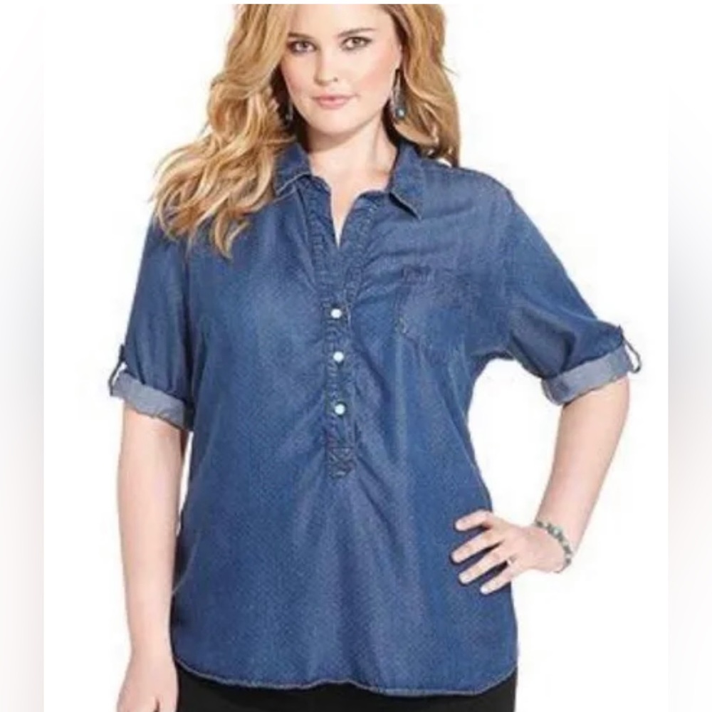 Lucky Brand Women’s 3/4 Sleeve Polka Dot Chambray  Popover Top size Large